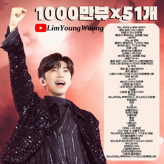 임영웅, 1000만뷰 돌파 영상 51개. <임영웅 팬클럽 영웅시대 제공>